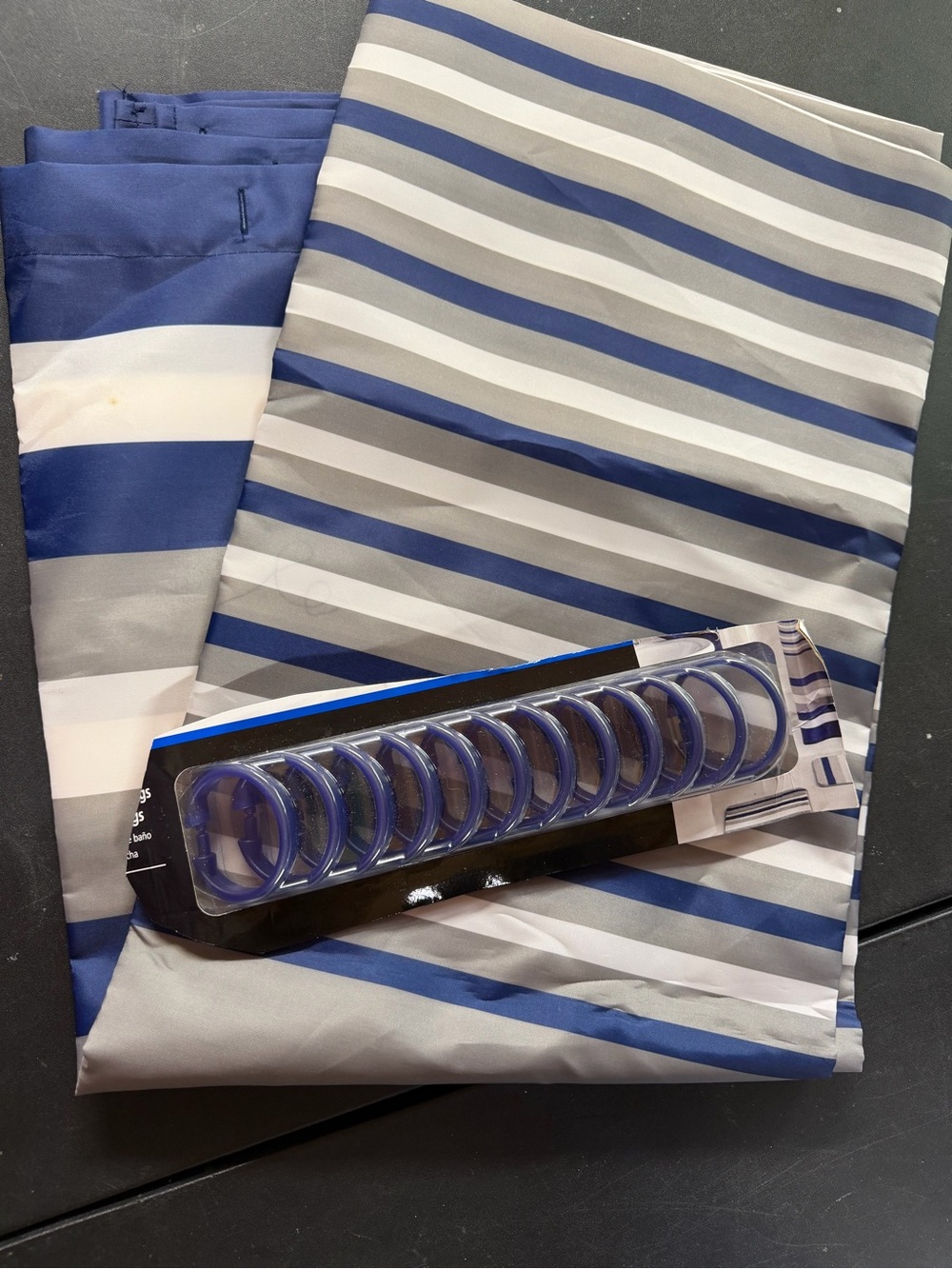 (Sale $5) Striped Blue and Gray shower curtain with Blue hooks